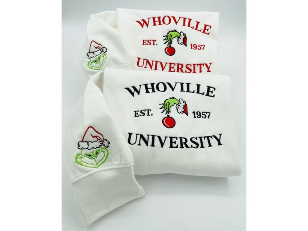 Whoville University Christmas Sweatshirt: Festive Embroidery Cute Crewneck Sleeve