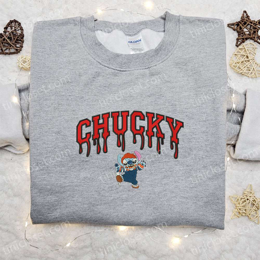 Chucky x Stitch Embroidered Shirt: Disney Halloween Gift for Family – Best Halloween Apparel!