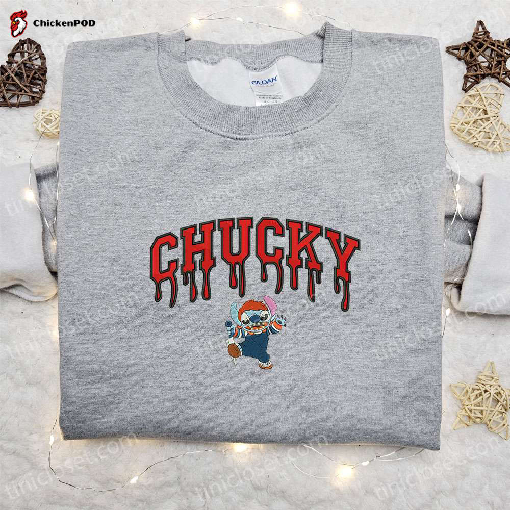 Chucky x Stitch Embroidered Shirt: Disney Halloween Gift for Family – Best Halloween Apparel!