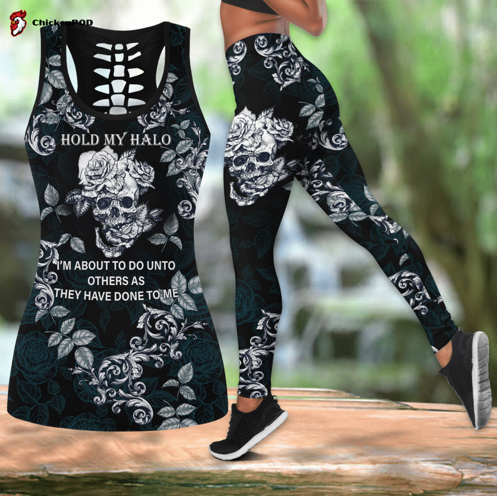 Combo hold my halo skull gothic punk rock tank top & leggings outfit For Women Sport Gifts