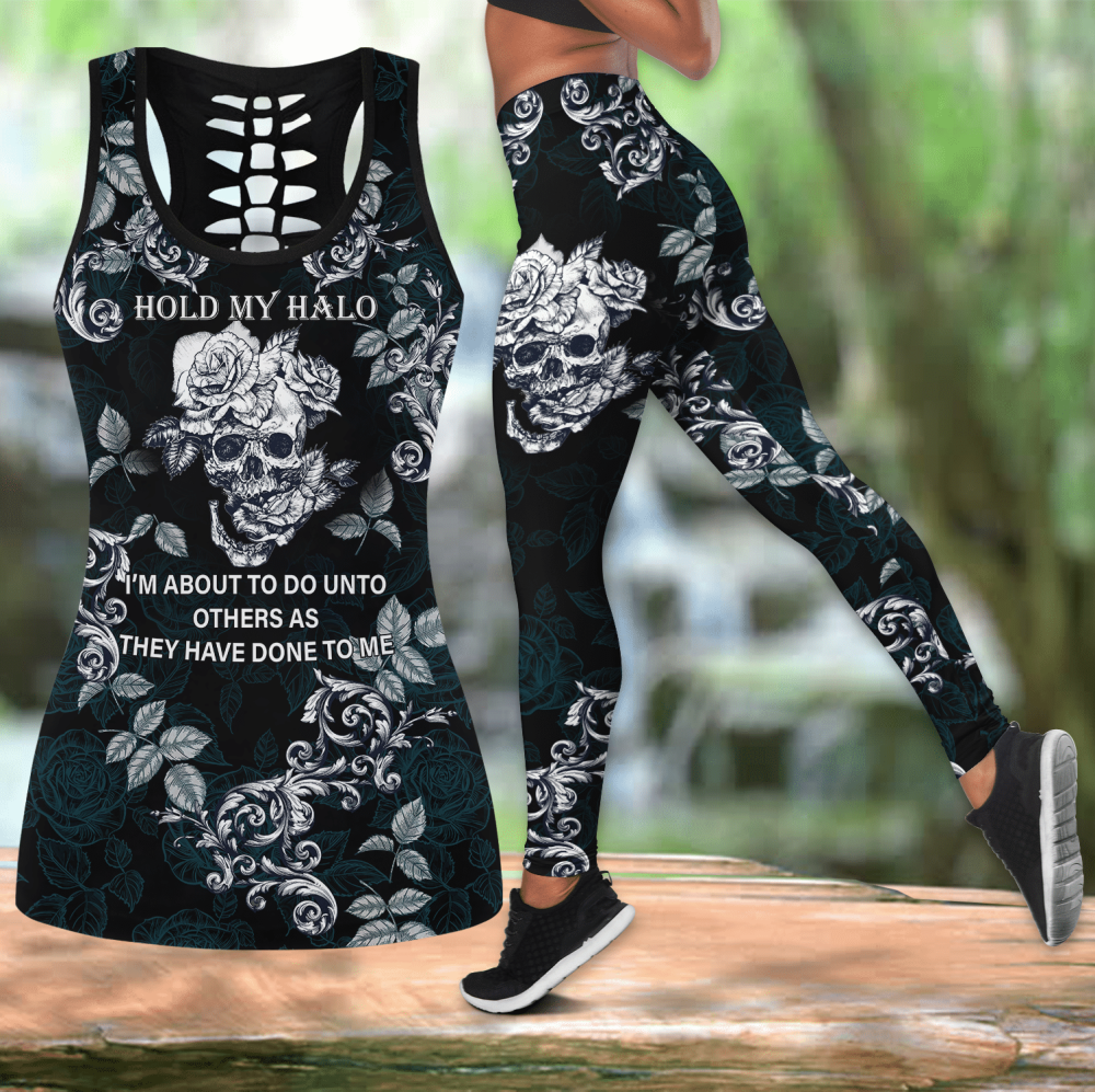 Combo hold my halo skull gothic punk rock tank top & leggings outfit For Women Sport Gifts