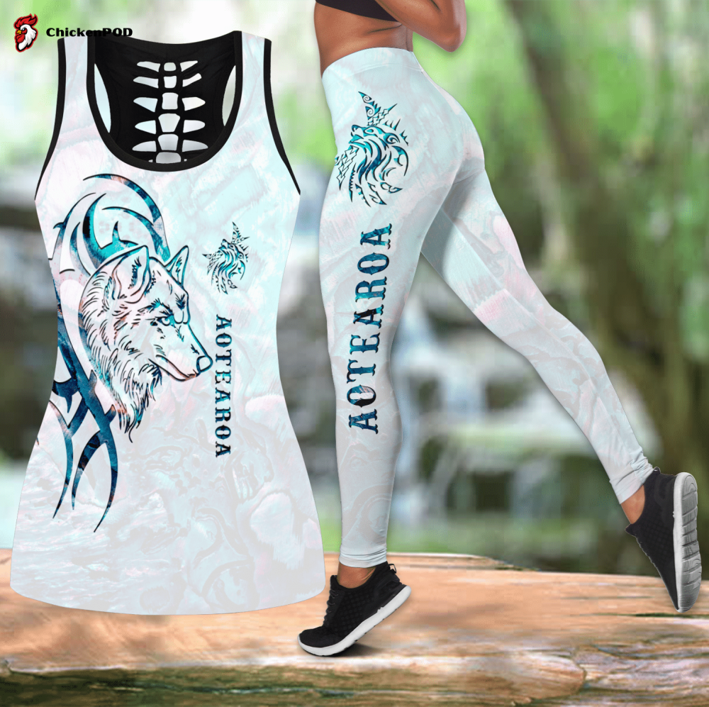 Combo Paua shell wolf tattoo tank top & leggings outfit For Women Sport Gifts