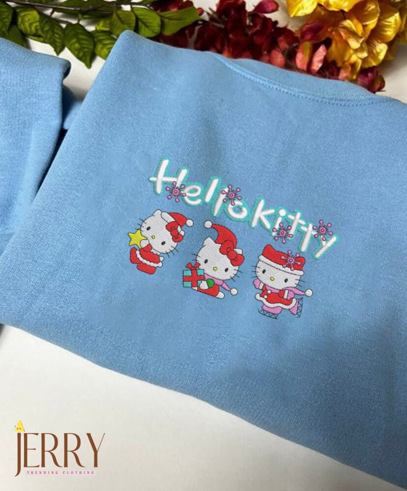 Custom Kitty Christmas Embroidery Sweatshirt – Festive Y2K Style Crewneck Holiday Embroidered Design