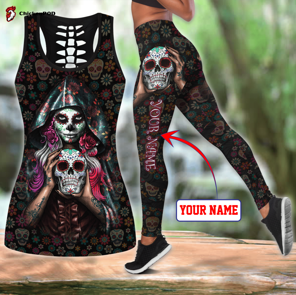 Customize Name Sugar Skull Hollow Tank Top And Legging Outfit