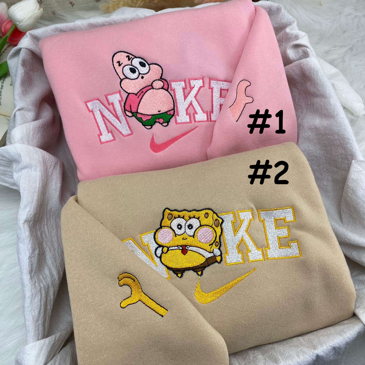 Cute Chibi Patrick Star & SpongeBob Nike Embroidered Sweatshirt: Trendy Hoodie for Fans