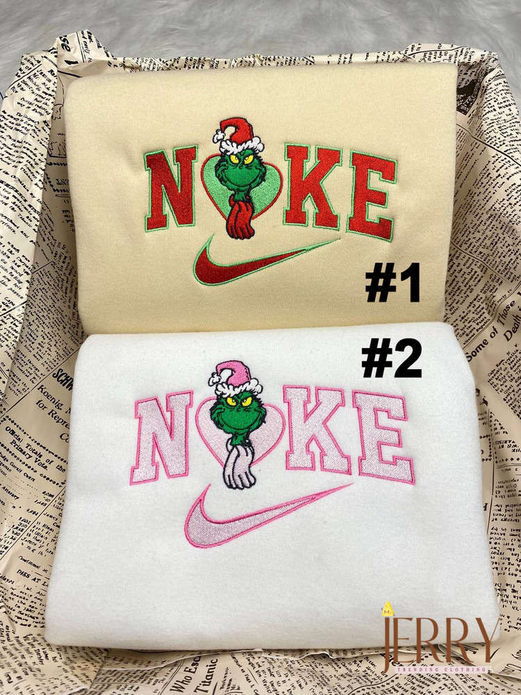 Cute Grinch Couple Nike Embroidered Sweatshirt – Perfect Xmas Gift for Couples