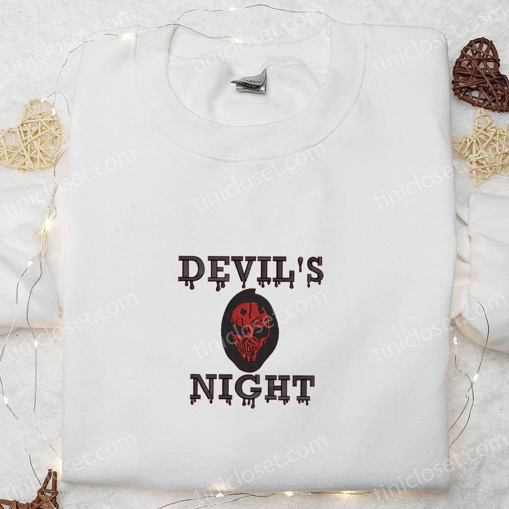 Spooktacular Devil’s Night Skull Embroidered Sweatshirt & Hoodie – Top Halloween Gift Ideas