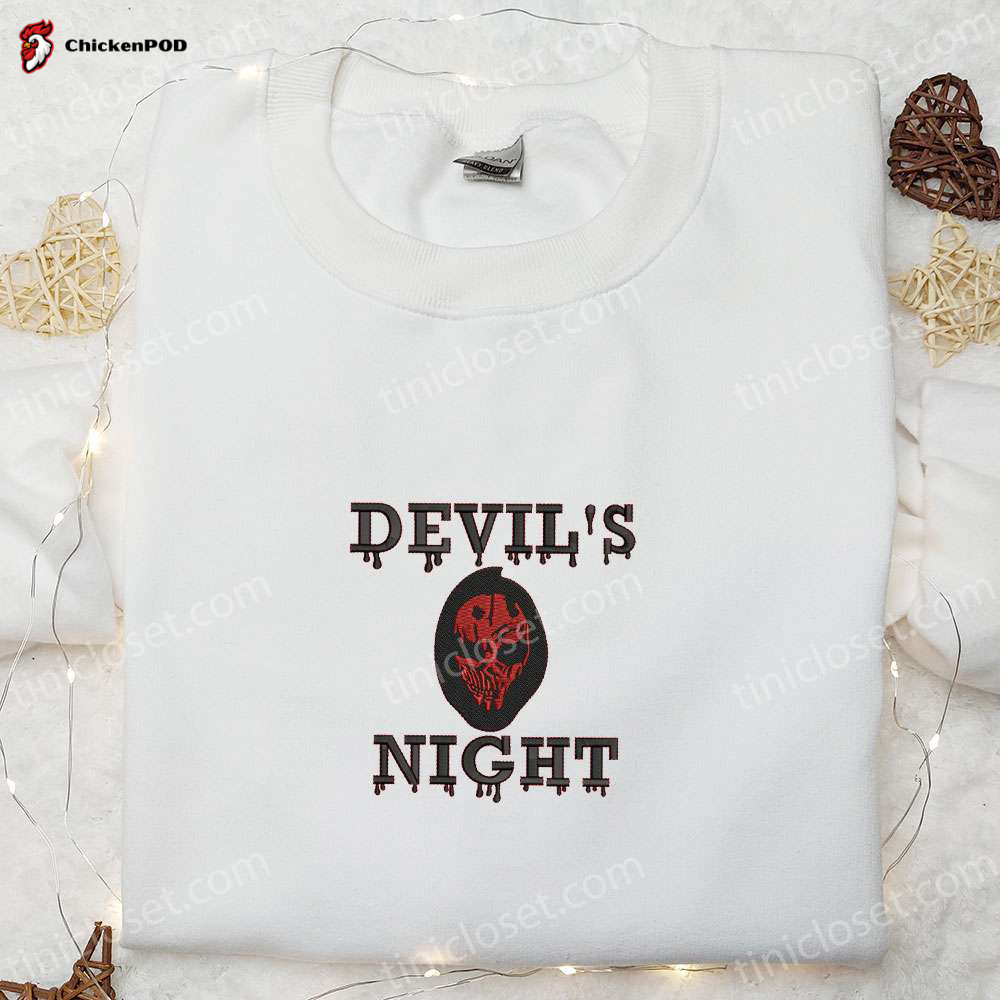 Spooktacular Devil’s Night Skull Embroidered Sweatshirt & Hoodie – Top Halloween Gift Ideas