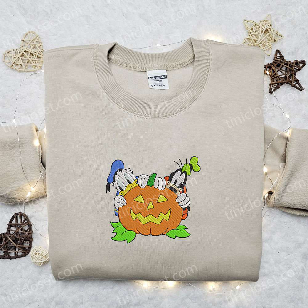 Disney Halloween Embroidered Sweatshirt with Donald Duck and Goofy – Funny Hoodie for Pumpkin Lovers