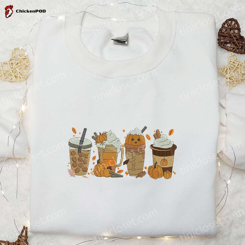 Spooktacular Embroidered Halloween Hoodie Sweatshirt & Tee – Unique Pumpkin Drink Design