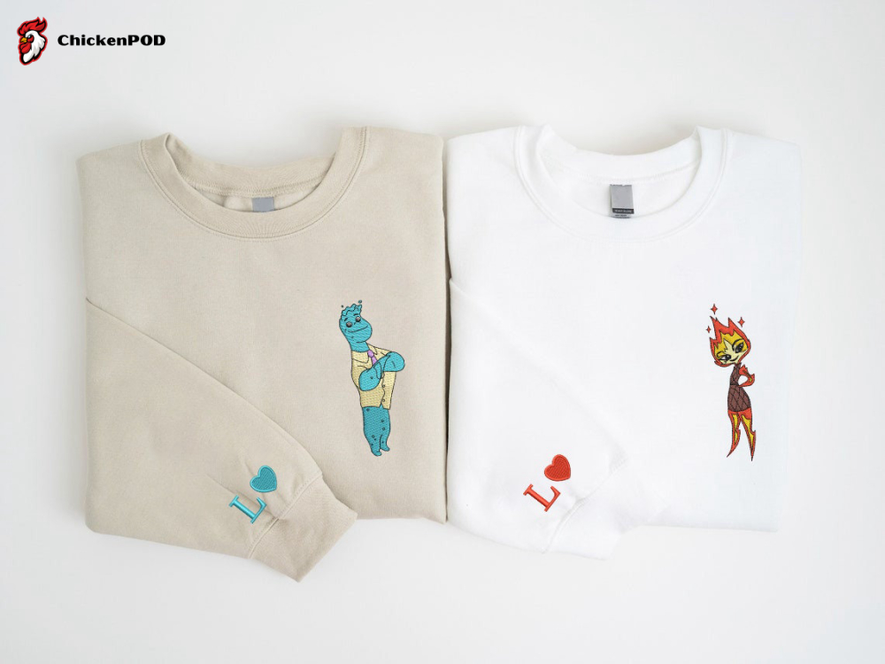 Elemental Ember and Wade Embroidered Sweatshirts: Valentine Cartoon Couple Shirts