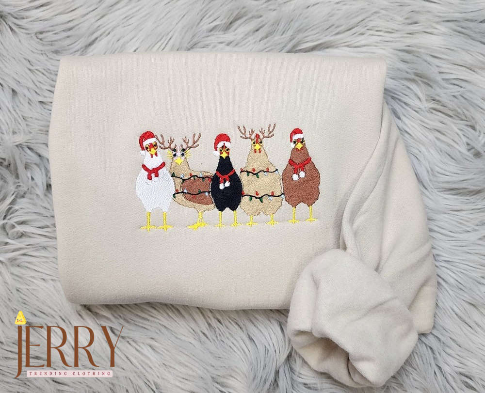 Funny Christmas Chickens Embroidered Sweatshirt – Festive Unisex Hoodie