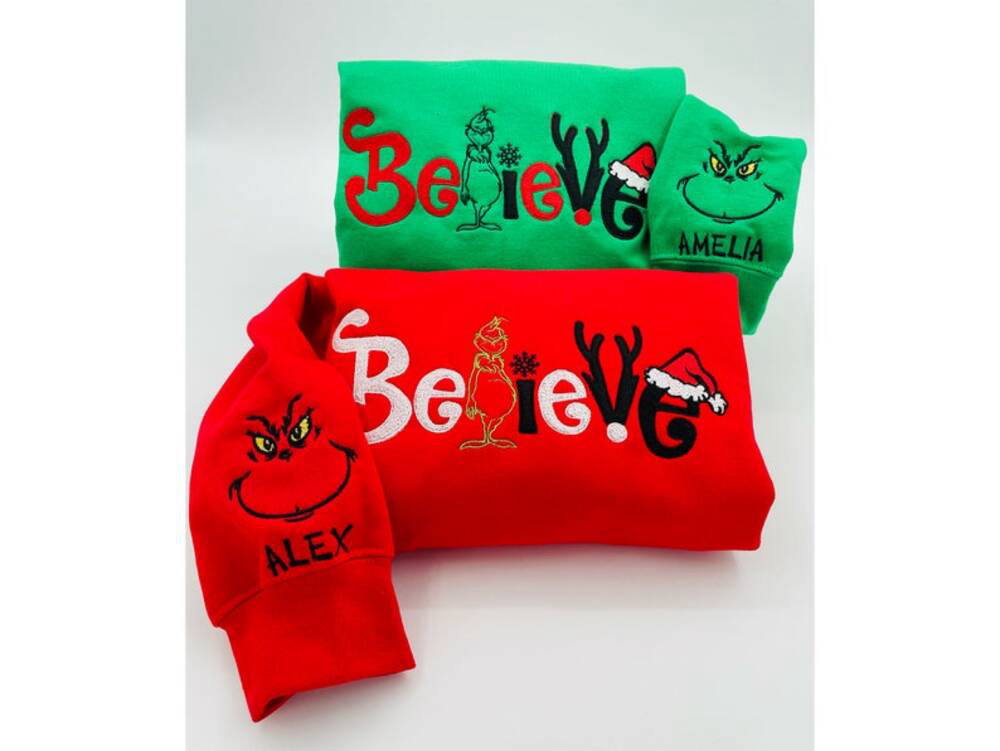 Christmas Grinch Believe Embroidery Sweatshirt Y2K Style Crewneck Personalized Sleeve Merry Santa Shirt