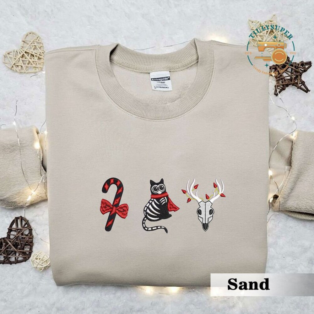 Christmas Spooky Embroidered Cat Sweatshirt: Season Sweater with Ghost Embroidery