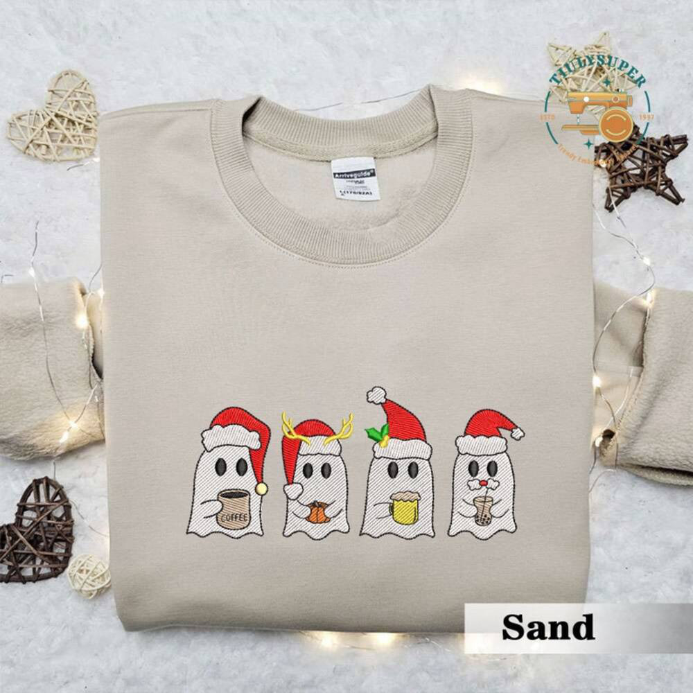 Spooky Christmas Coffee Sweatshirt – Embroidered Season Sweater & Ghost Shirt