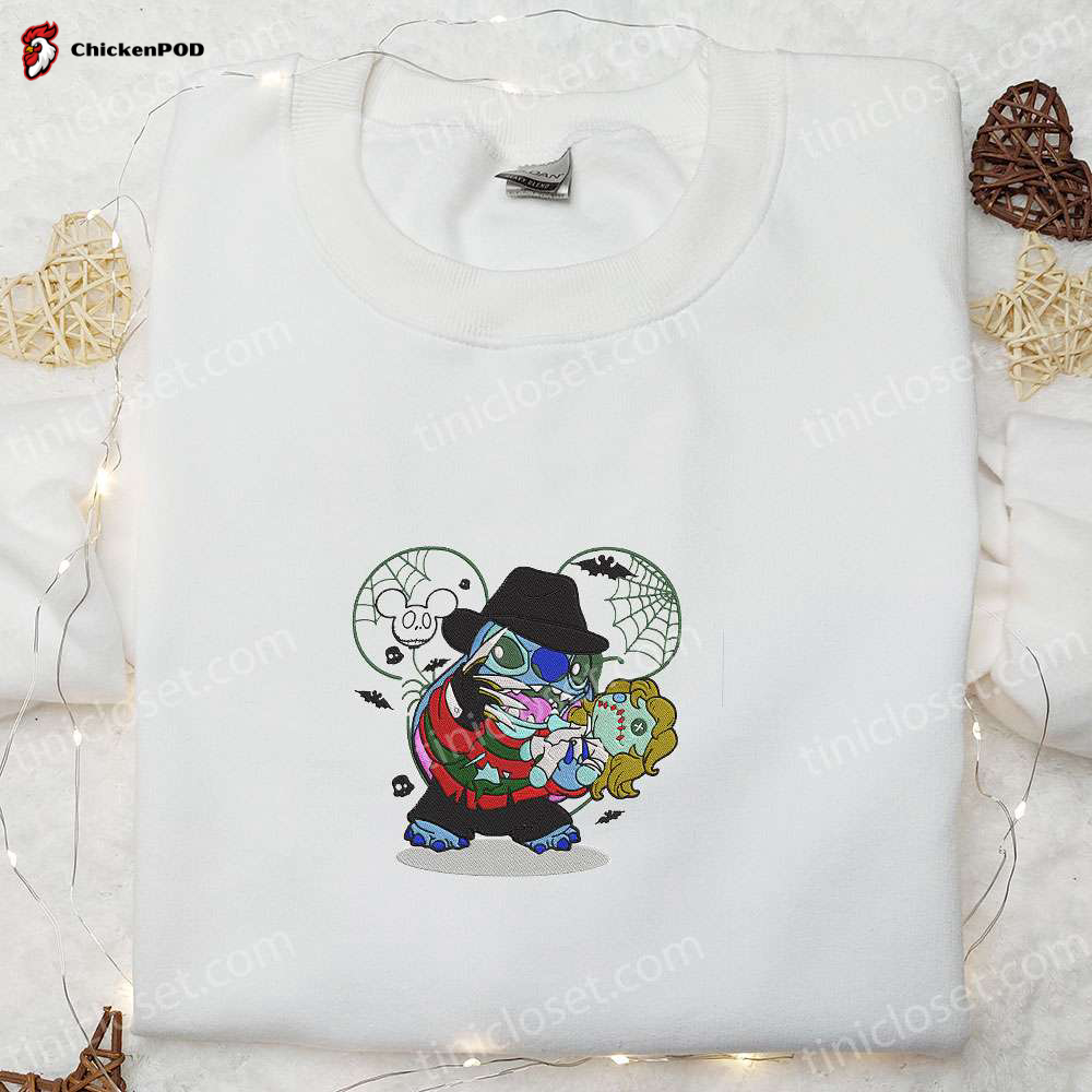 Freddy Krueger x Stitch Doll Disney Embroidered Sweatshirt – Spooky Silhouette Horror Movies Hoodie for Disney Halloween