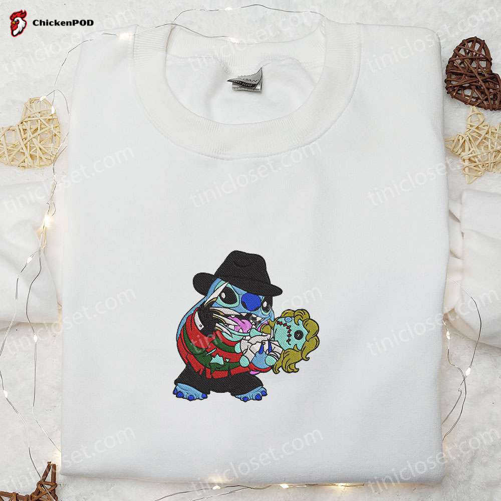 Freddy Krueger x Stitch Doll Embroidered Sweatshirt: Silhouette Horror Movies Hoodie Perfect Disney Halloween Gift