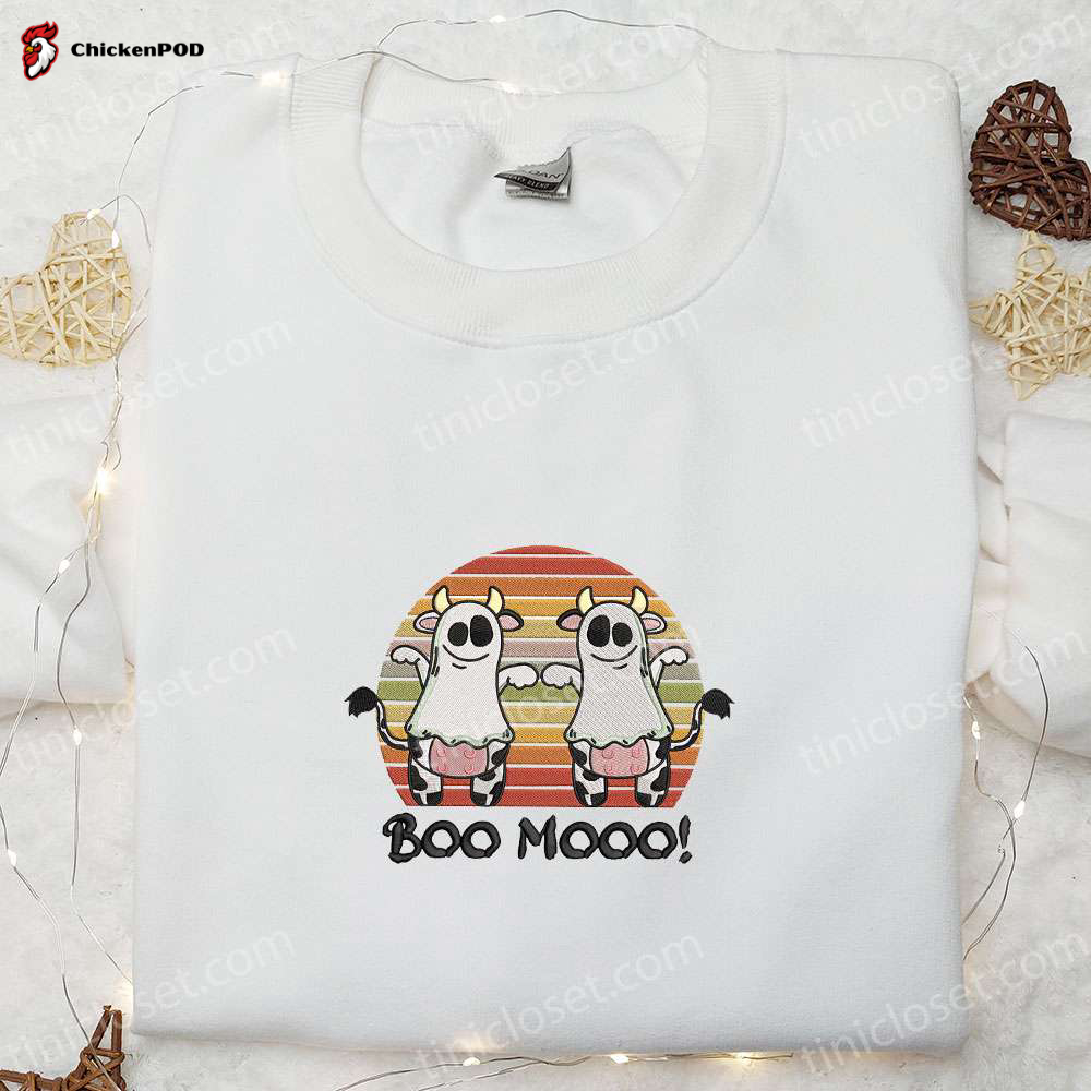 Spooktacular Funny Ghost Cow Farm Animal Embroidered Sweatshirt – Perfect Halloween Shirts & Clothing!