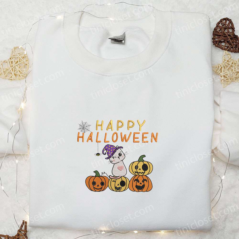 Funny Happy Halloween Cute Cat Embroidered Shirt: Best Halloween Gift Ideas & Clothing