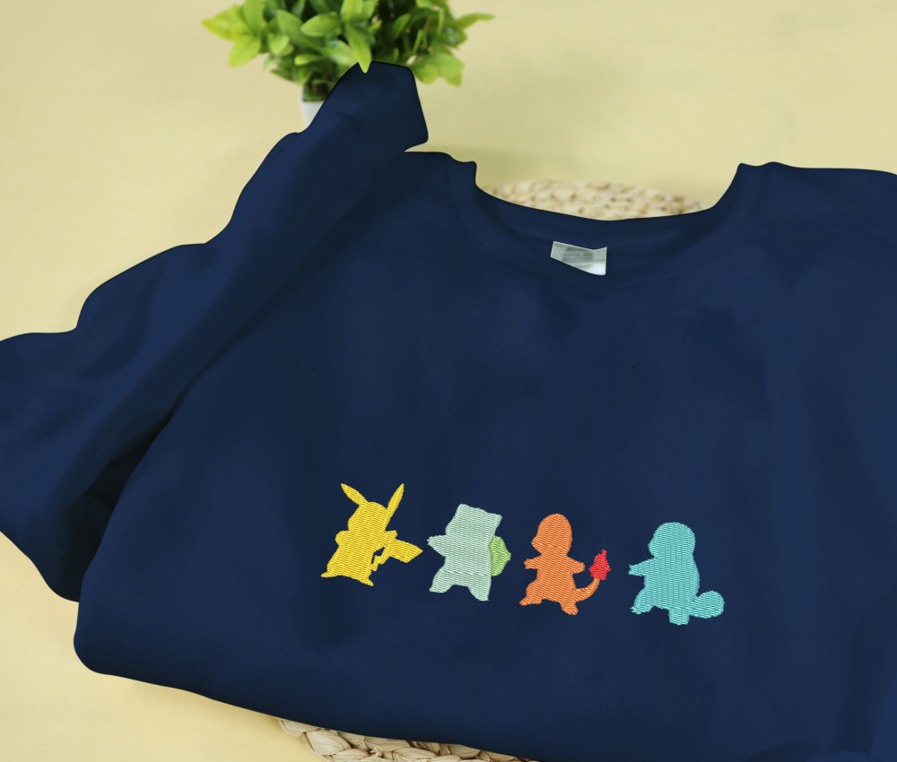 Cute Unisex Pikachu & Charmander Embroidery Sweatshirt – Funny Silhouette Shirt with Bulbasaur & Squirtle