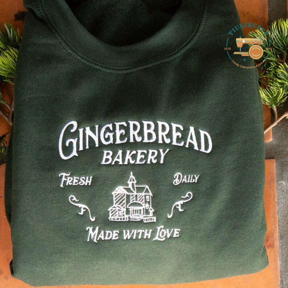 Fresh Daily Gingerbread Bakery Embroidered Crewneck Sweatshirt: Trendy Vintage Gift for Christmas