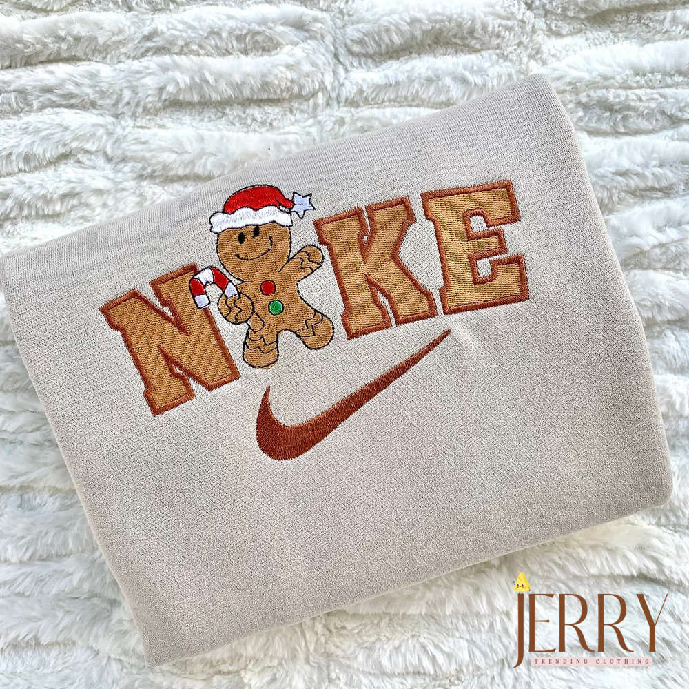 Cozy & Festive: Gingerbread Christmas Nike Embroidered Sweatshirt – Perfect Holiday Gift!