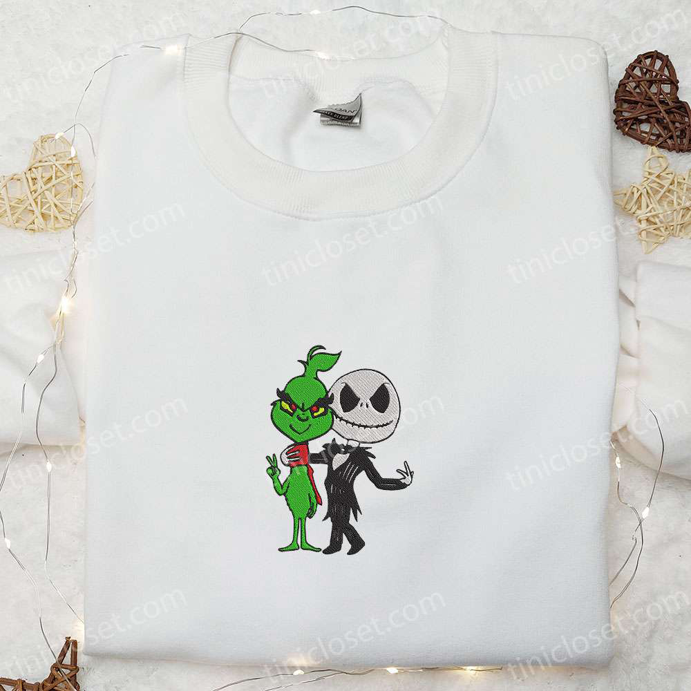 Grinch & Jack Skellington Friends Embroidered Shirt: Funny Halloween Gift for Family