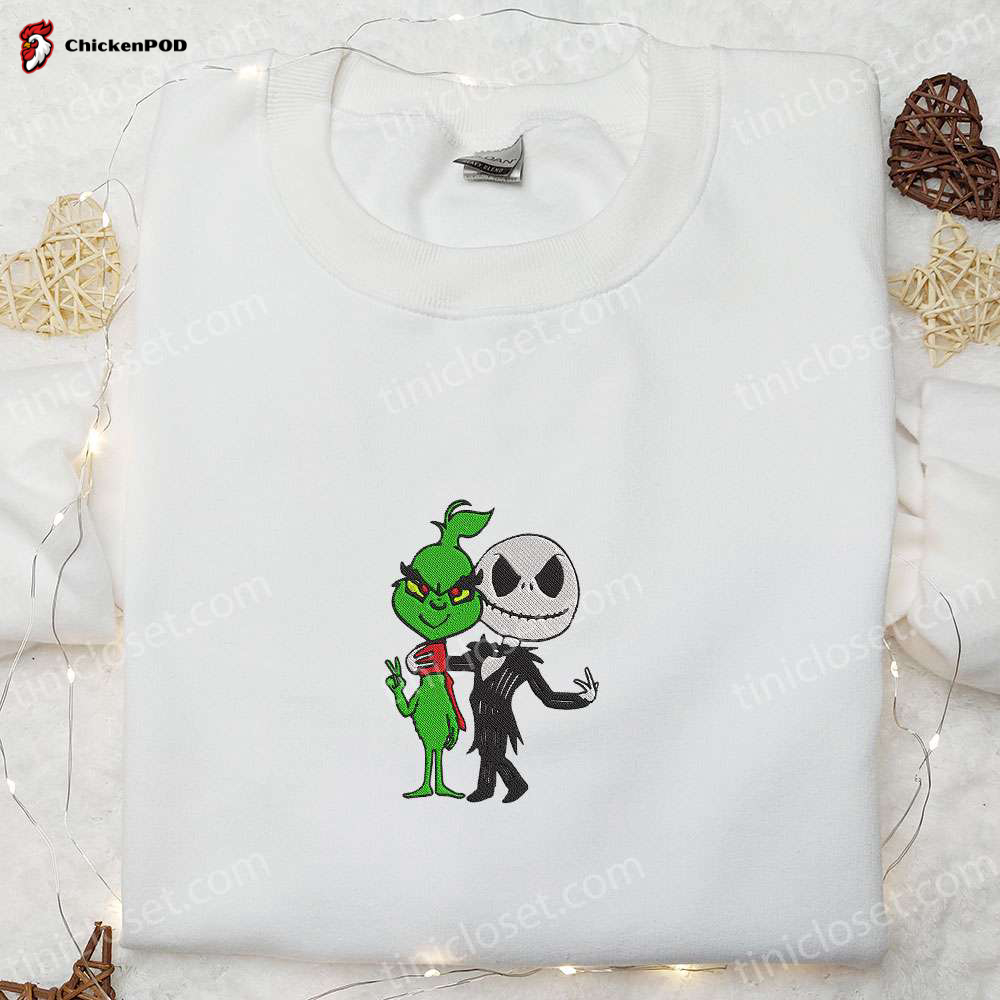 Grinch & Jack Skellington Friends Embroidered Shirt: Funny Halloween Gift for Family