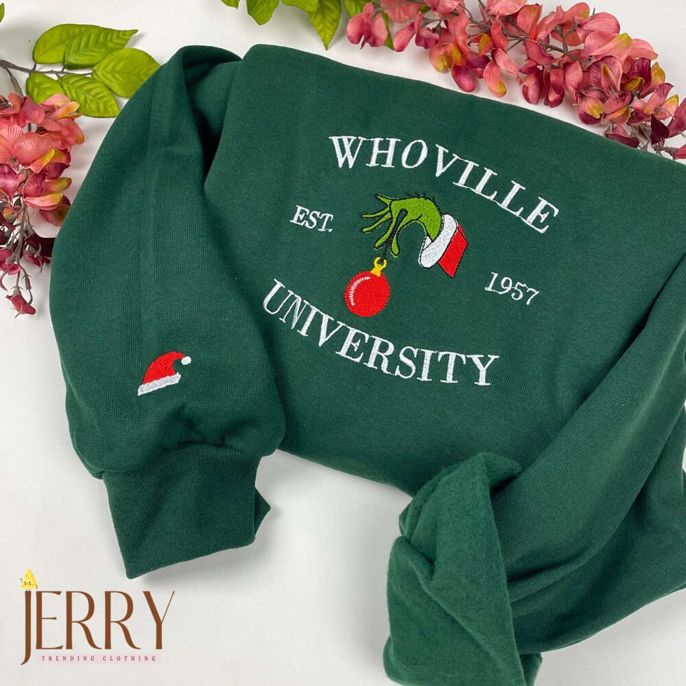 Cozy Grinch Christmas Whoville Sweatshirt: University Embroidered