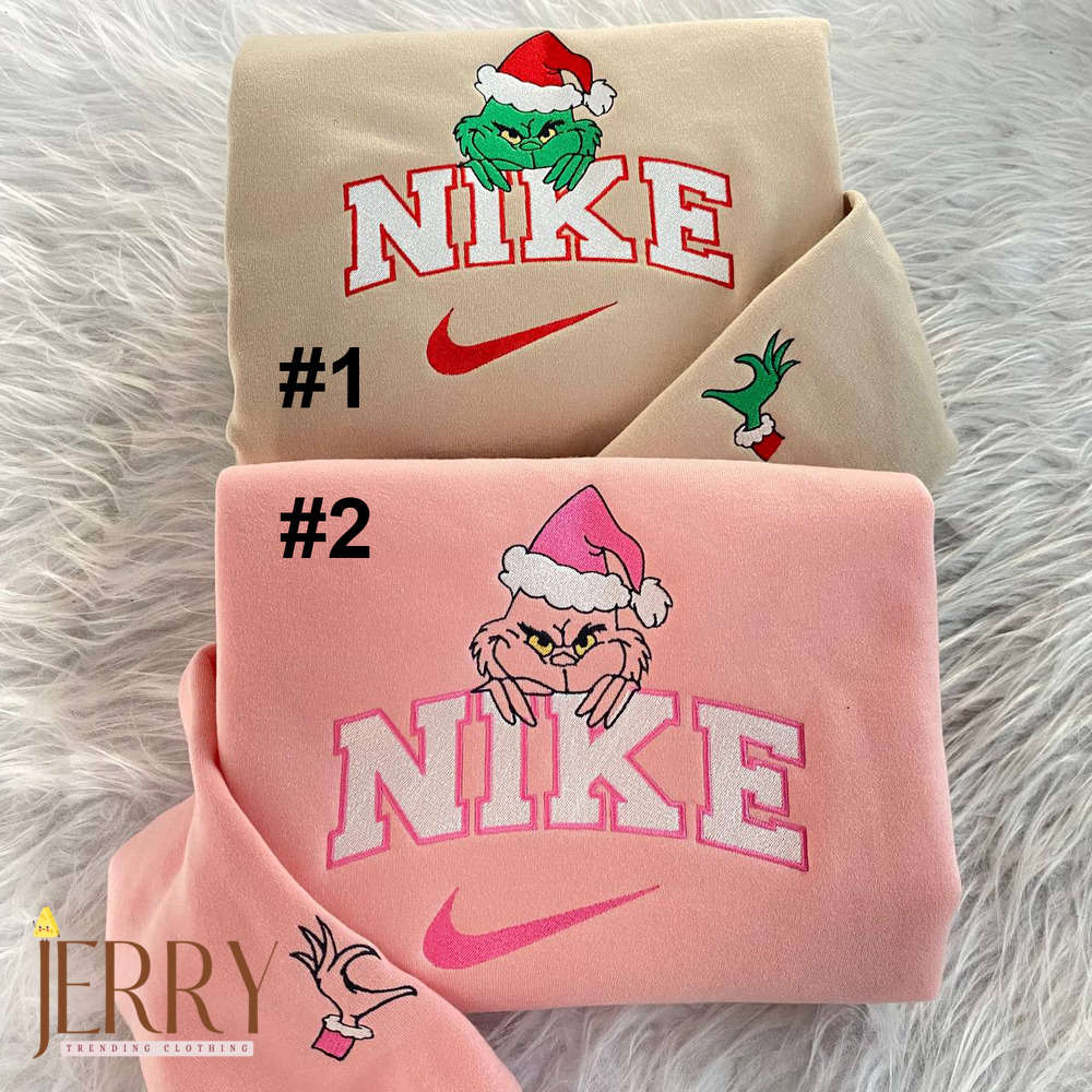 Stylish Grinch Couple Christmas Nike Sweatshirt: Embroidered Festive Appeal