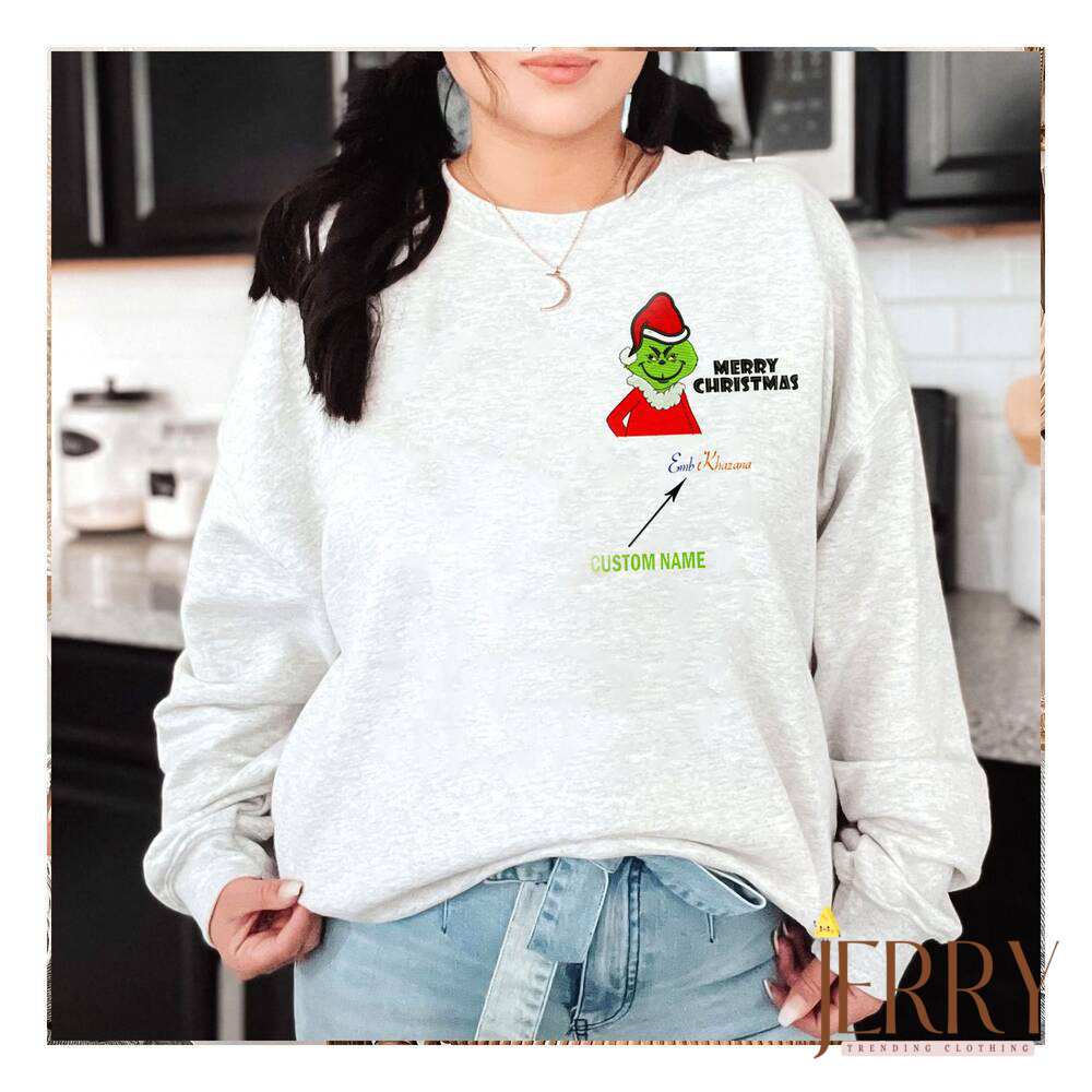 Personalized Grinch Embroidered Sweatshirt for a Merry Christmas – Custom Name Included