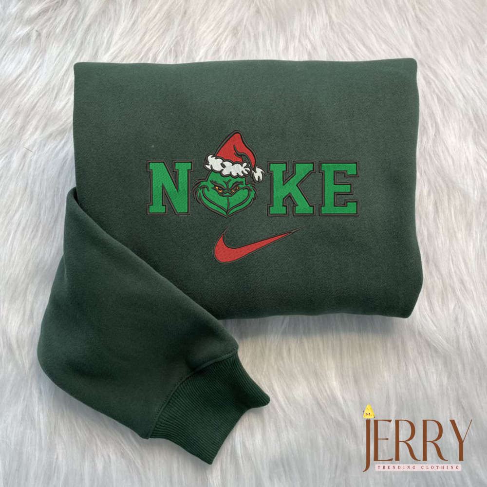 Grinch Face Christmas Nike Embroidered Sweatshirt – Festive & Cozy Holiday Grinch Sweatshirt