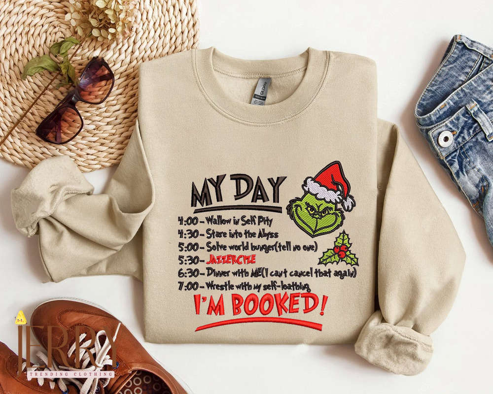 Get Festive with Grinch My Day IAm Booked Christmas Sweatshirt – Embroidered Holiday Attire