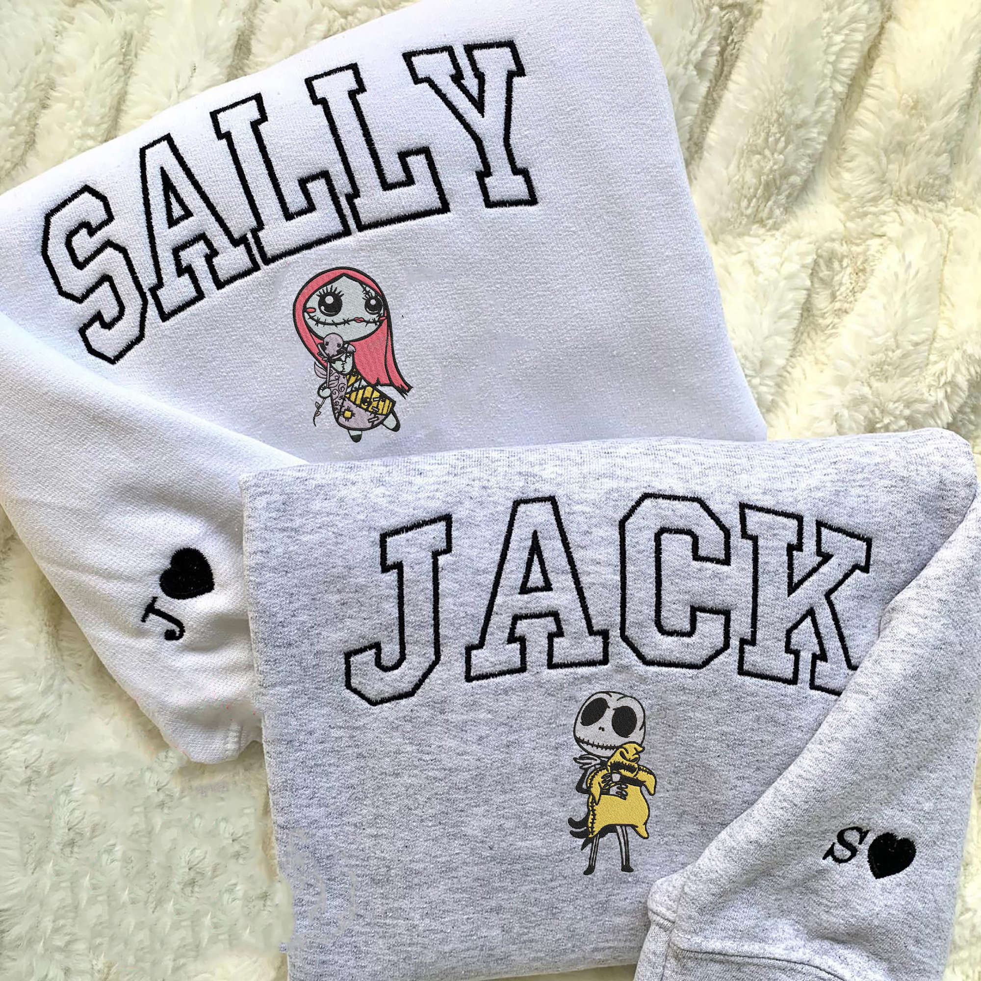 Halloween Jack and Sally Embroidered Crewneck Sweatshirt: Custom Name Couples Gift for Halloween Christmas