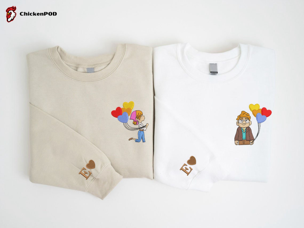 Valentine Couple Sweatshirt: His Ellie and Her Carl Embroidered Cartoon Up Balloon Shirt Pink