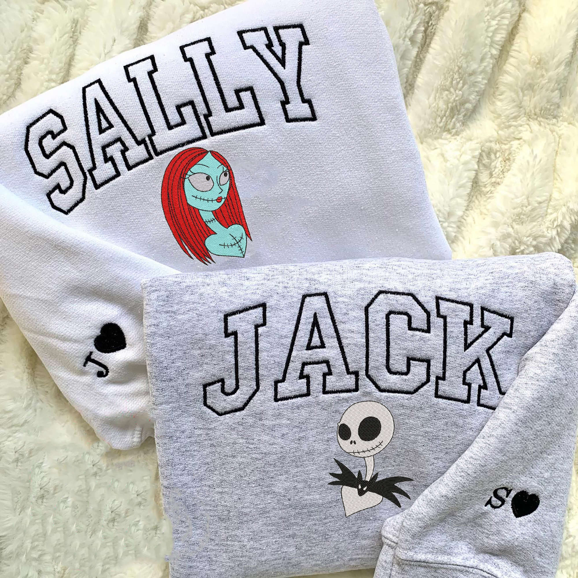 Halloween Jack and Sally Embroidered Crewneck Sweatshirt: Custom Name Couples Gift for Halloween Christmas