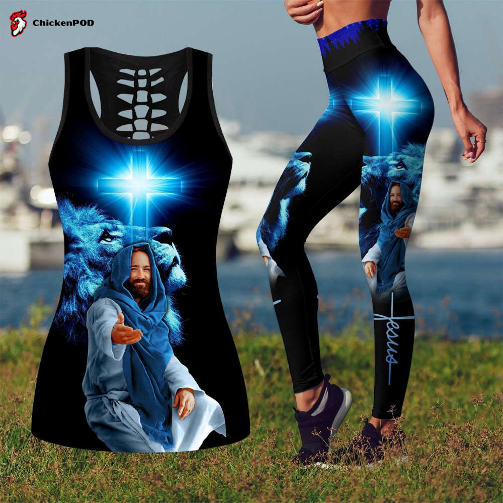 Jesus Christ Lion Blue Cross 3D Printed Combo Legging and Tanktop for Women