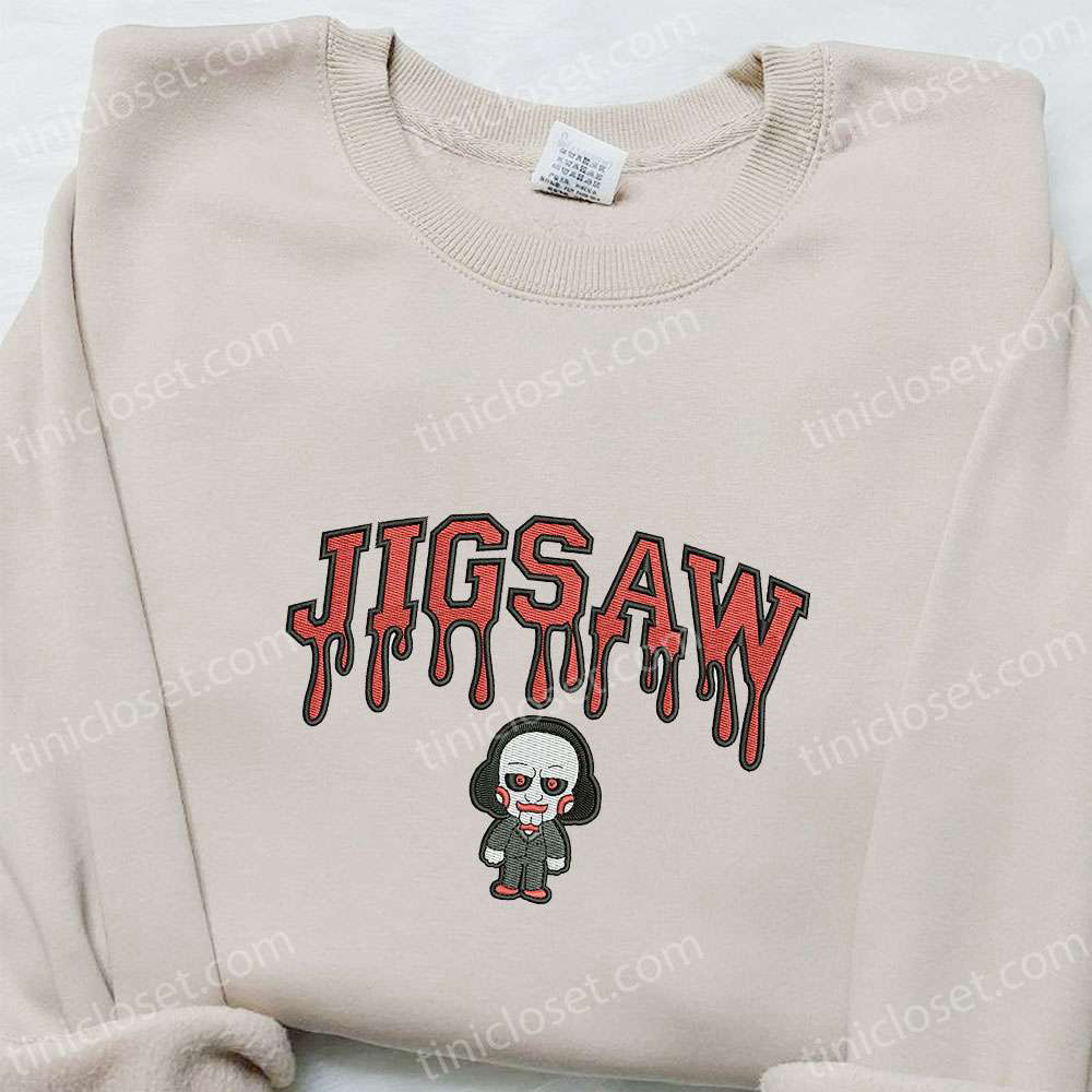 Spooky Horror Characters Jigsaw Embroidered Hoodie Sweatshirt & Shirt: Top-Quality Embroidery