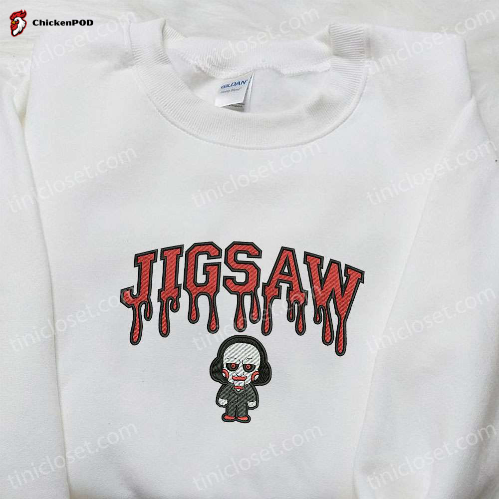 Spooky Horror Characters Jigsaw Embroidered Hoodie Sweatshirt & Shirt: Top-Quality Embroidery