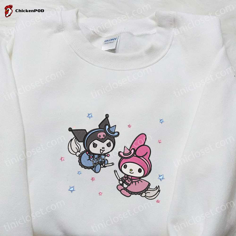 Kuromi & My Melody Witches Embroidered Hoodie – Cute Halloween Sweatshirt Best Daughter Gifts