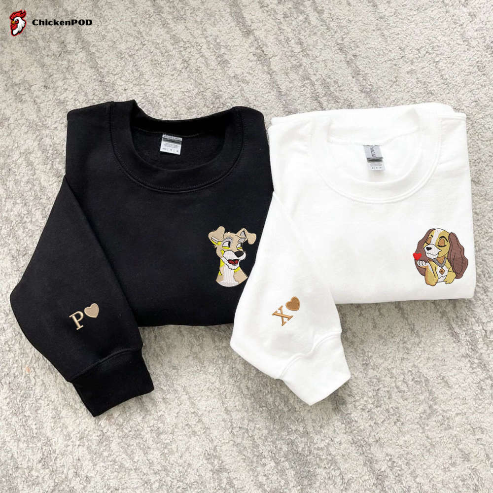 Lady and the Tramp Embroidered Sweatshirt: Matching Couple Shirts Cartoon Dog Design – Perfect Valentine Gift!