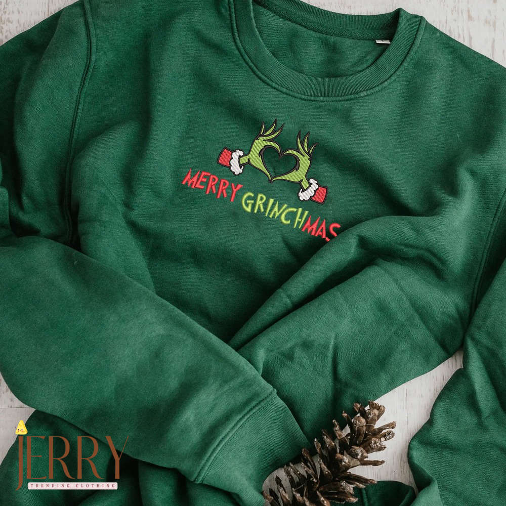 Get Festive with Merry Grinchmas: Embroidered Sweatshirt & Grinch Shirt