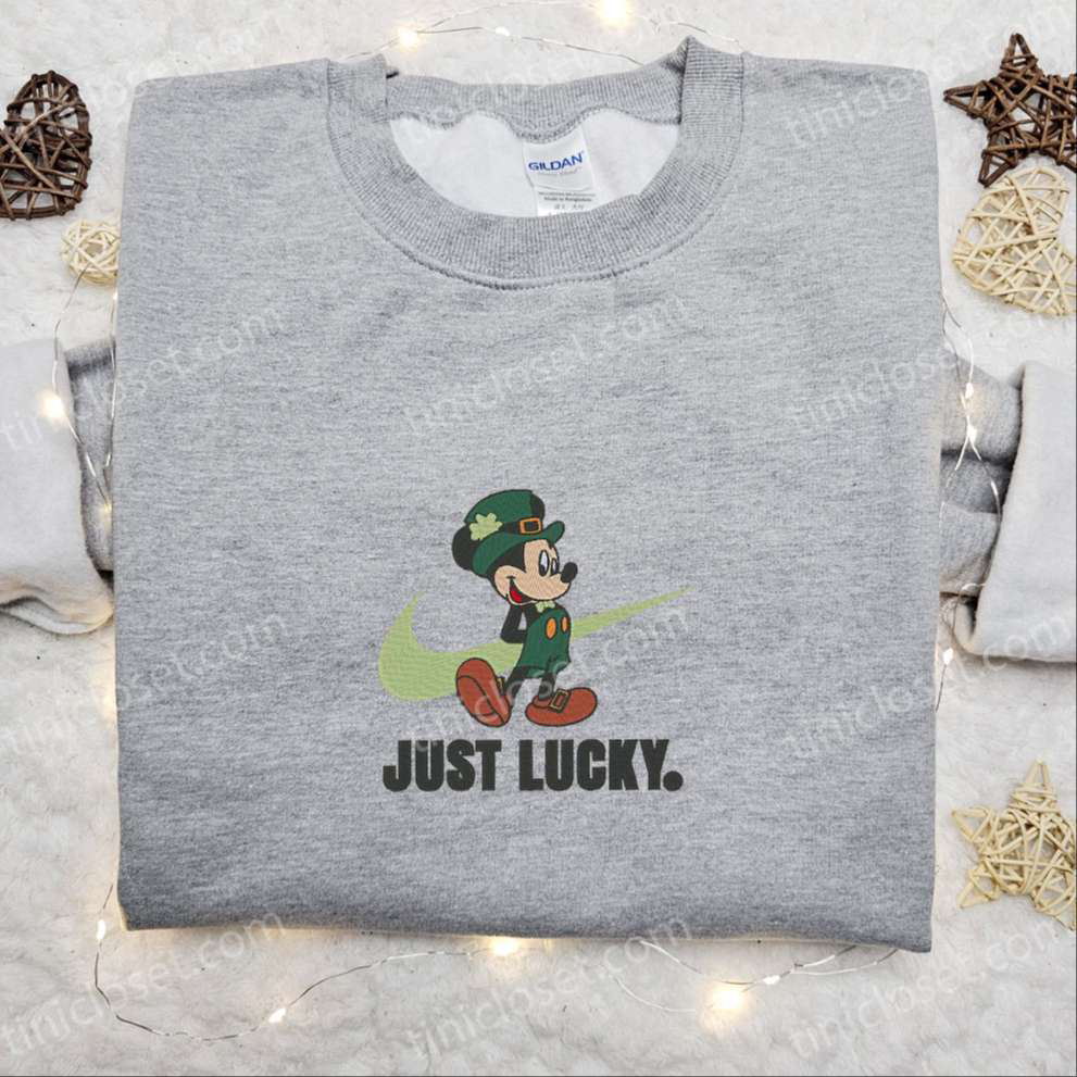 Mickey Just Lucky x Nike Swoosh Embroidered Shirt & Disney Characters Hoodie – Best Saint Patrick’s Day Gift Idea