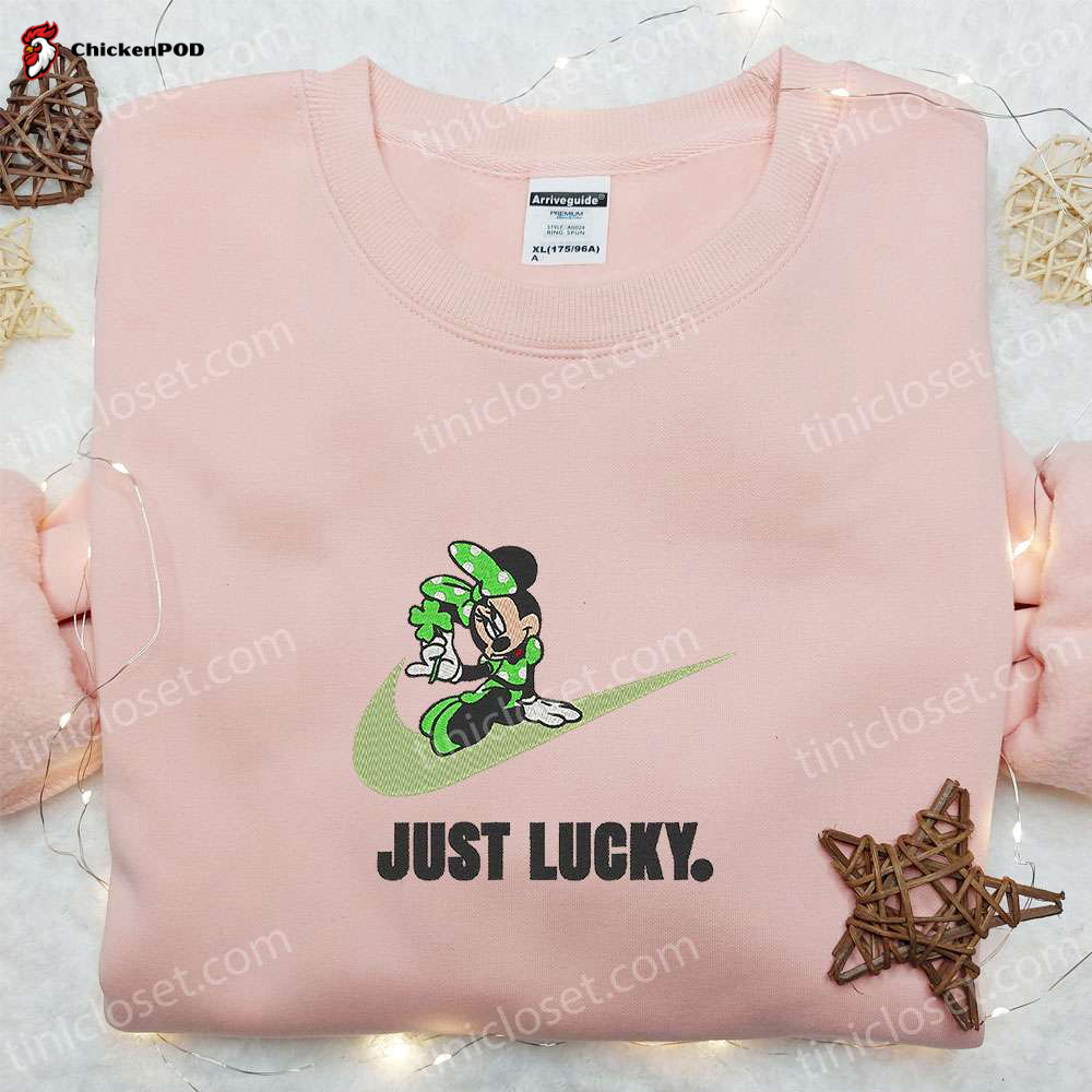 Minnie Just Lucky x Nike Swoosh Embroidered Shirt Disney Characters Hoodie – Best Saint Patrick’s Day Gift Idea