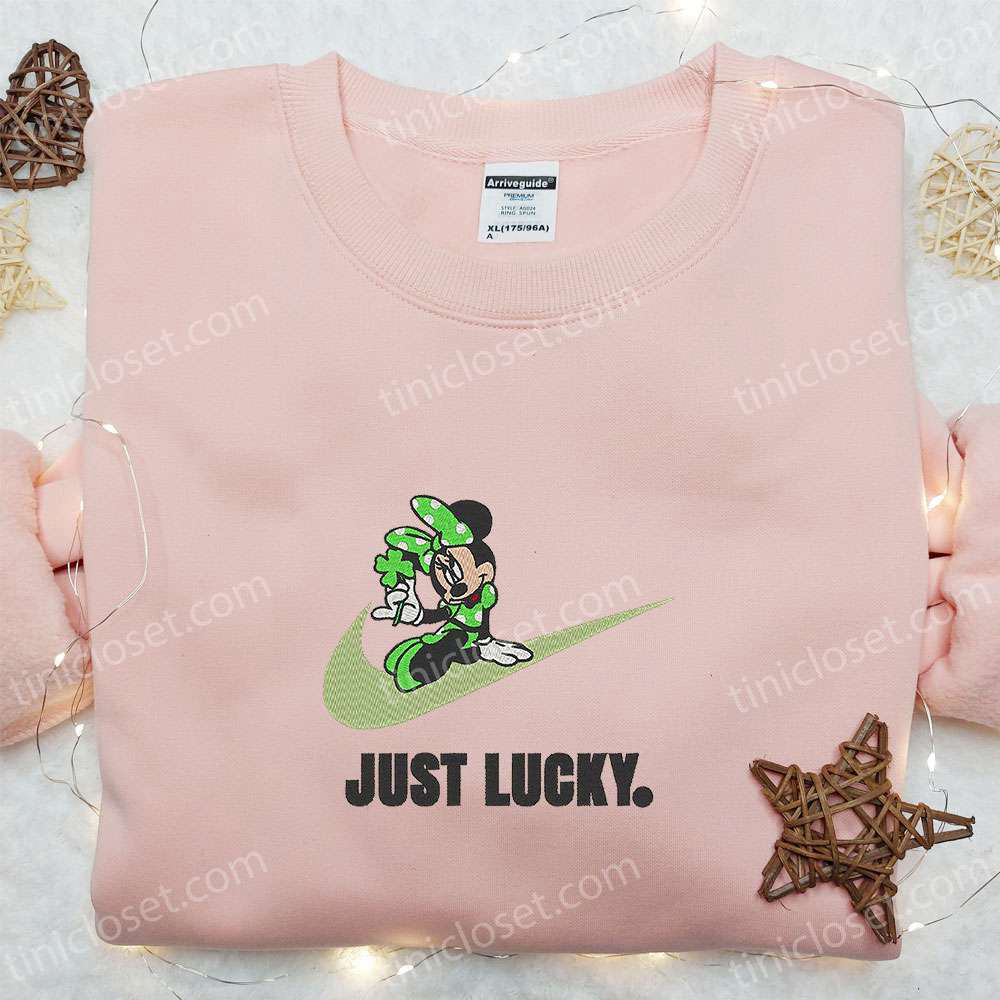 Minnie Just Lucky x Nike Swoosh Embroidered Shirt Disney Characters Hoodie – Best Saint Patrick’s Day Gift Idea