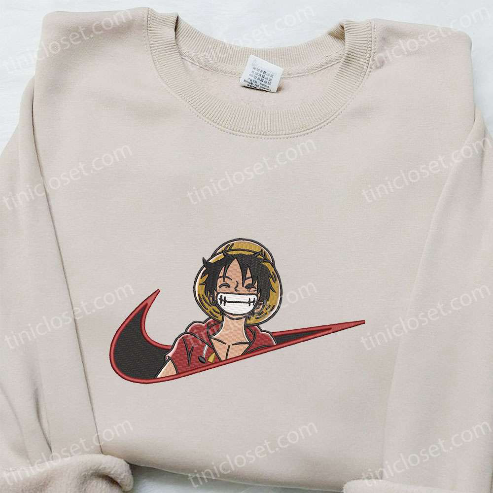 Monkey D Luffy Laughing x Nike Swoosh Embroidered Tshirt: One Piece & Nike Inspired Shirt