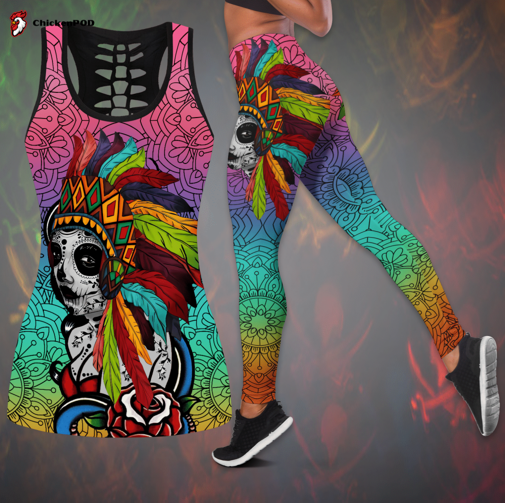 Native American Sugar Skull legging + hollow tank combo outfit Sport Gifts