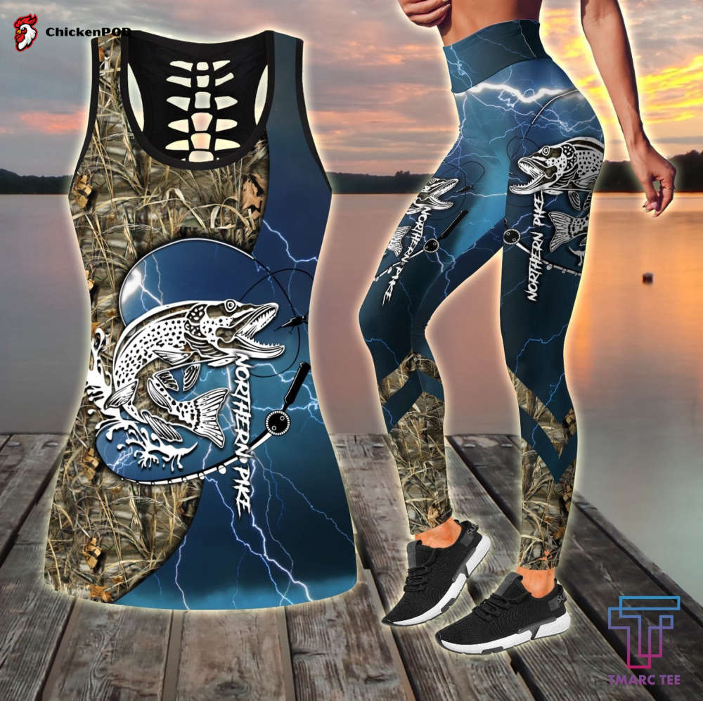 Northern Pike fishing gear blue Tattoo camo Combo Legging + Tank