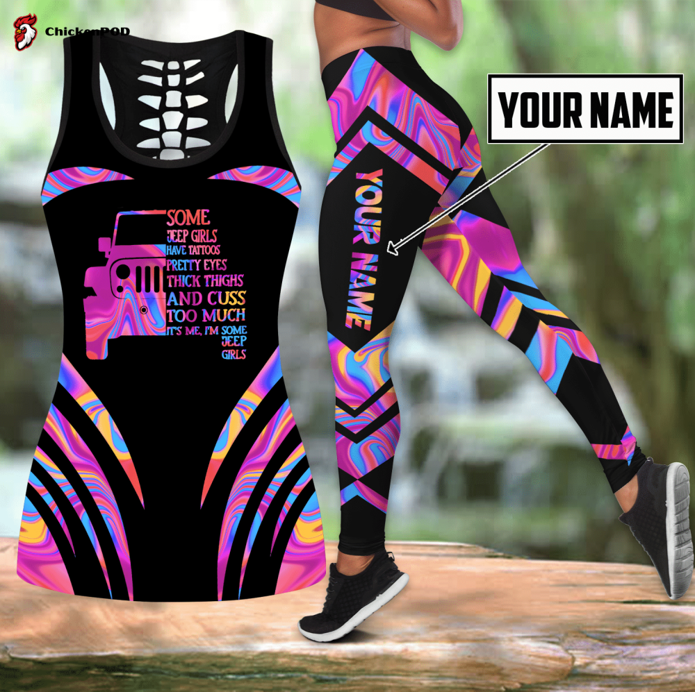 Personalized Colorful Jeep girl leggings + hollow tank combo