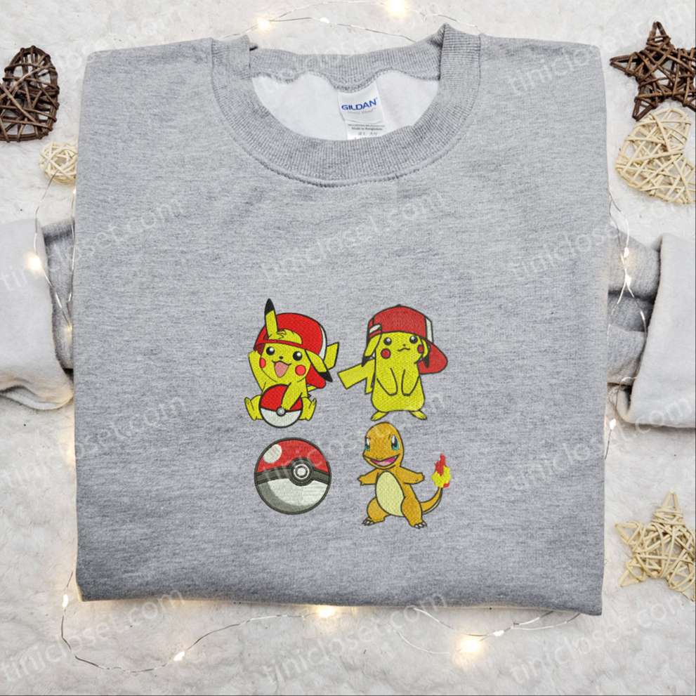 Pikachu & Charmander Embroidered Shirt & Hoodie: Perfect Pokemon Anime Gift Idea!